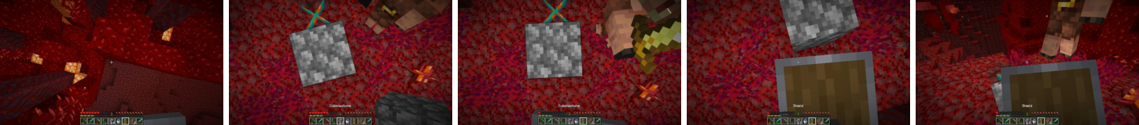 Five consecutive stored frames from the Nether: the interrupted pillar, a placed cobblestone block, a piglin brute at close range, and a raised shield.