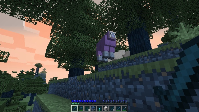 A Minecraft slope at sunset with an animal among the trees.