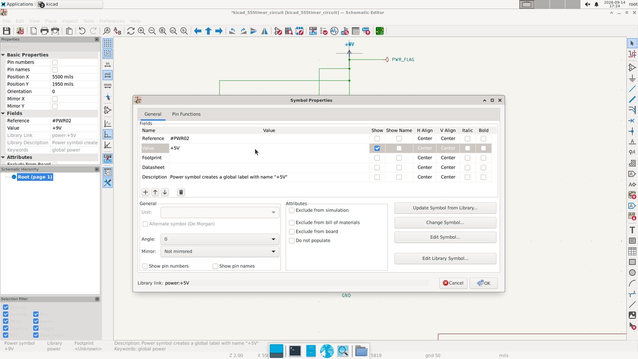 KiCad schematic editor with the symbol properties of the power symbol, value +5V.