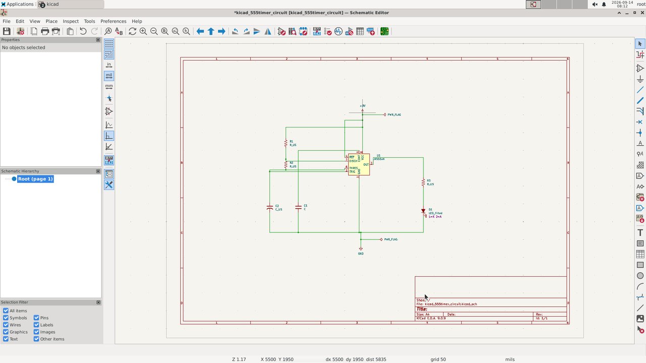 KiCad schematic editor showing the 555 timer circuit with the supply label still reading +9V.