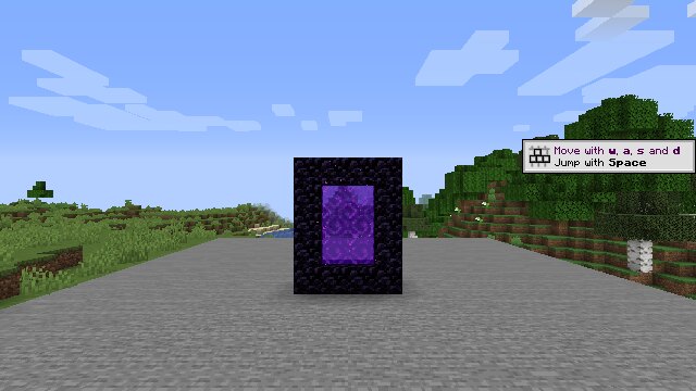In-game view: a complete obsidian Nether portal frame, lit, with the purple portal inside.