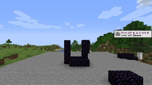 In-game view: an incomplete obsidian frame on the stone platform.