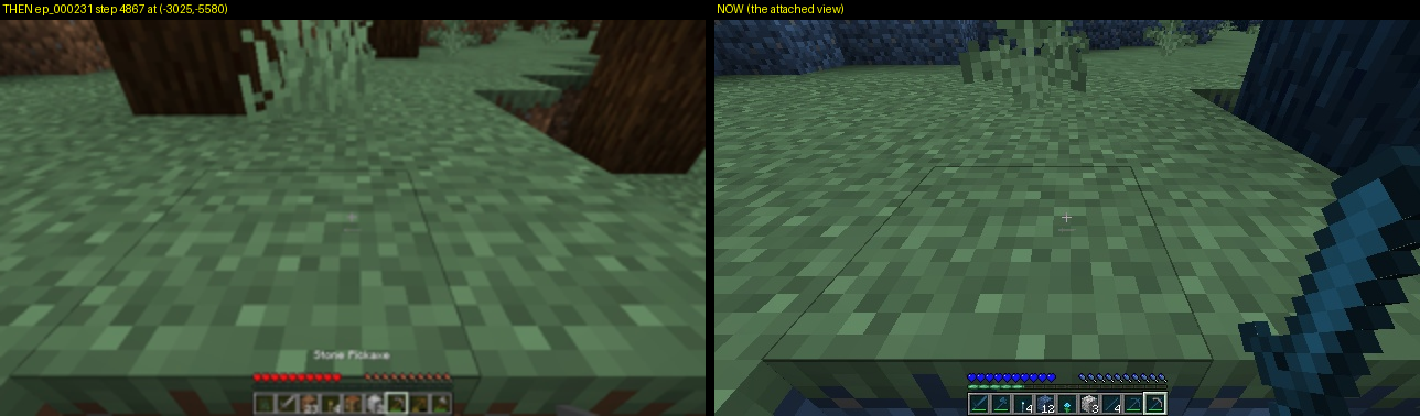 Then-now sheet: on the left a grass bank recorded in an earlier life at step 4867, on the right the live view of the same bank.